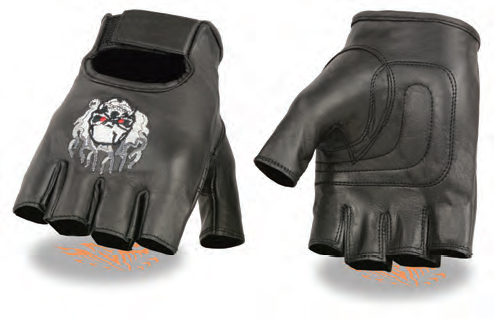 SH351 Men Premium Leather Skull + Flames Fingerless Gloves - Click Image to Close