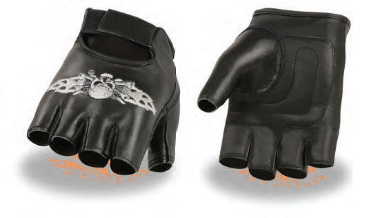 SH353 Men Premium Leather Skull + Bones Fingerless Gloves - Click Image to Close